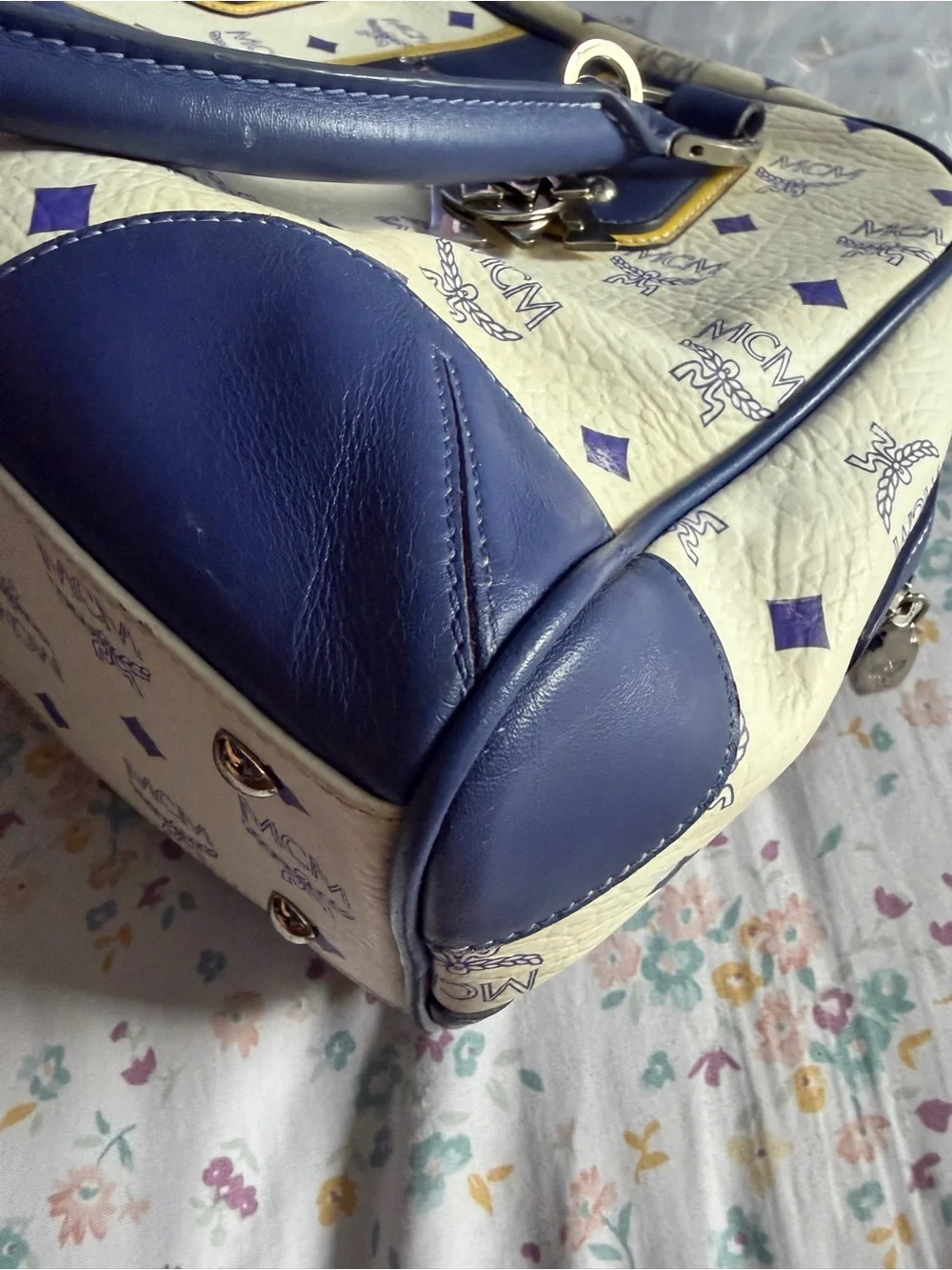 MCM Cream Satchel with Blue Trim and Yellow Accents